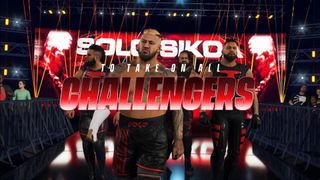 Promotional screenshot of Solo Sikoa leading his rebellion Bloodline faction in WWE 2K25.