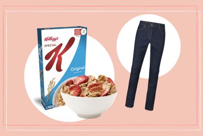 A collage of the Special K diet plan showing a box of Special K cereal and jeans