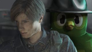 An edited image showing Duo the Duolingo owl behind Leon in Resident Evil