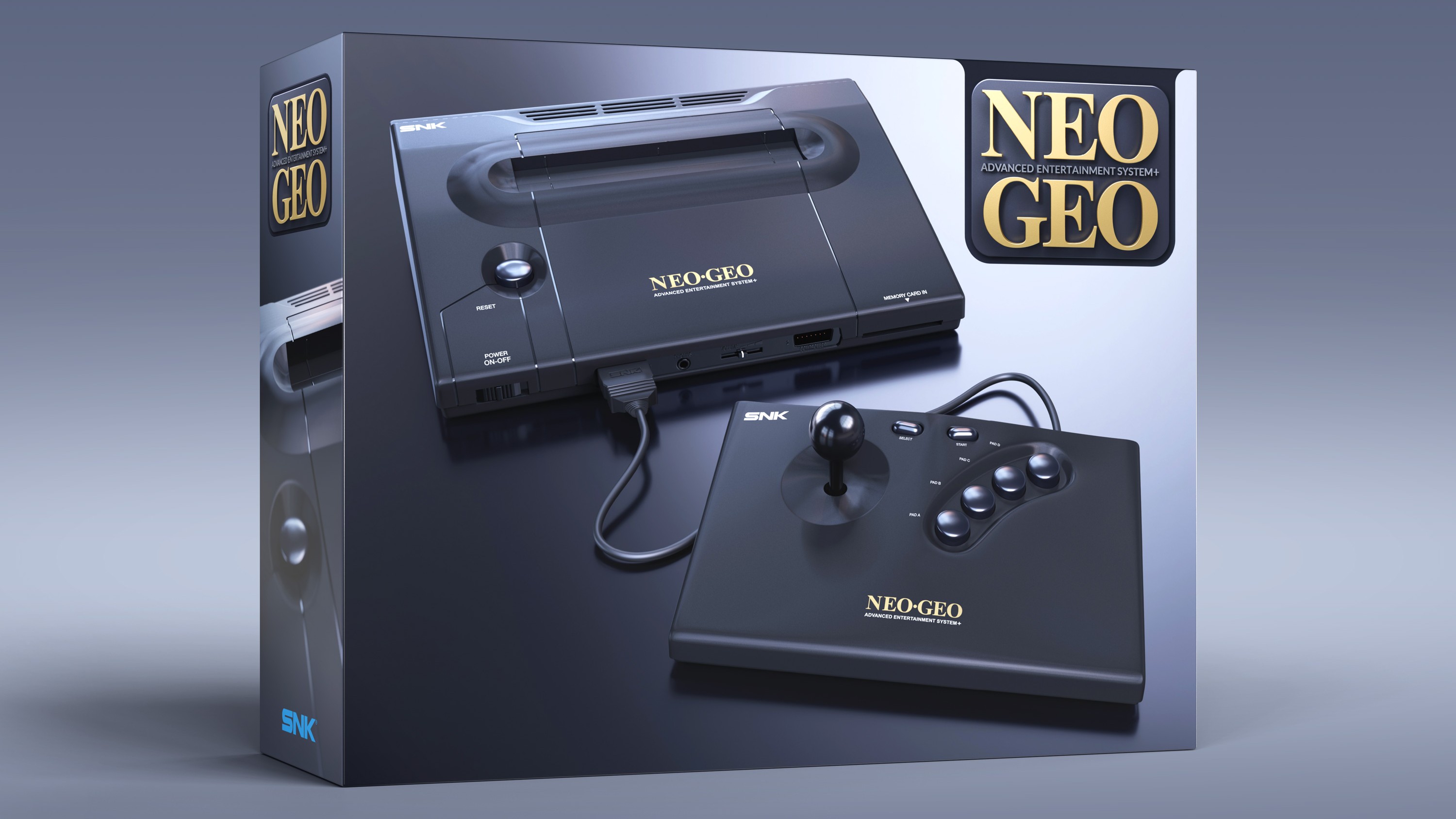 The Neo Geo AES+ retro console in its box on a gray gradient background.