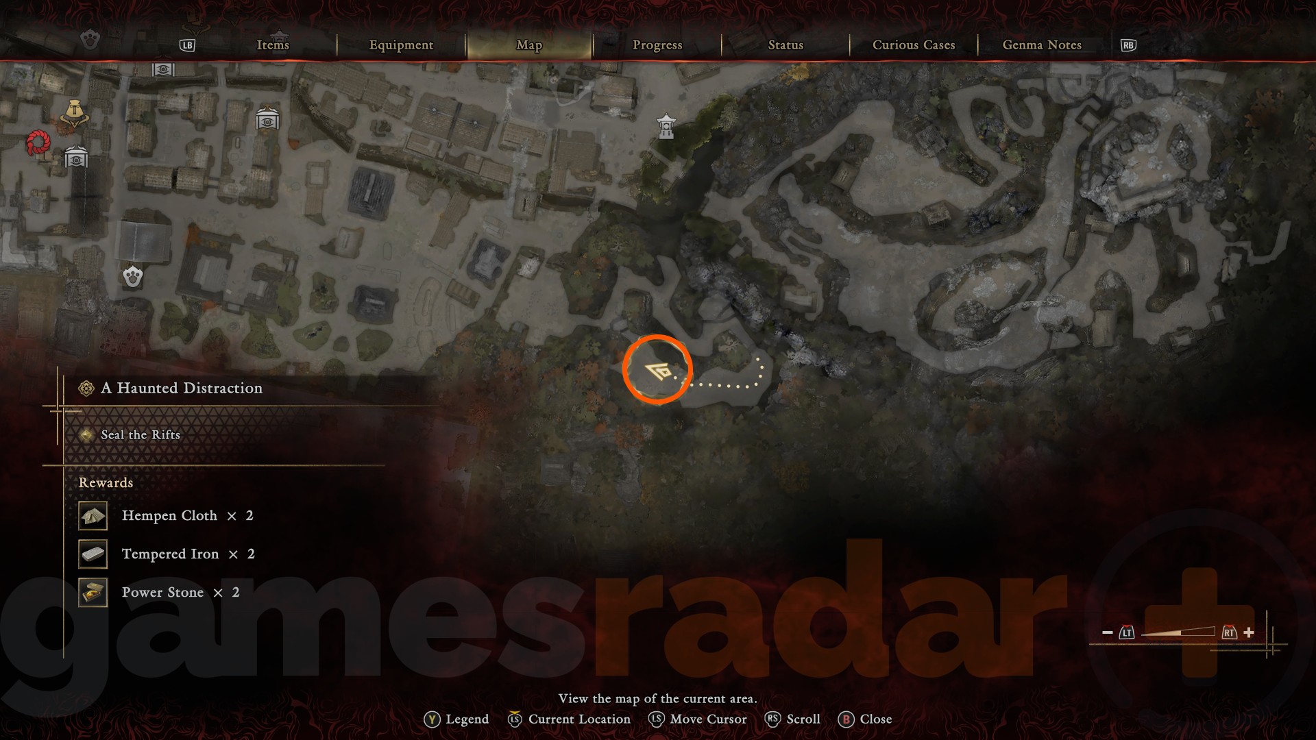 The location of the Firebird Flute Onimusha Way of the Sword Oni Armament, marked on the in-game map.