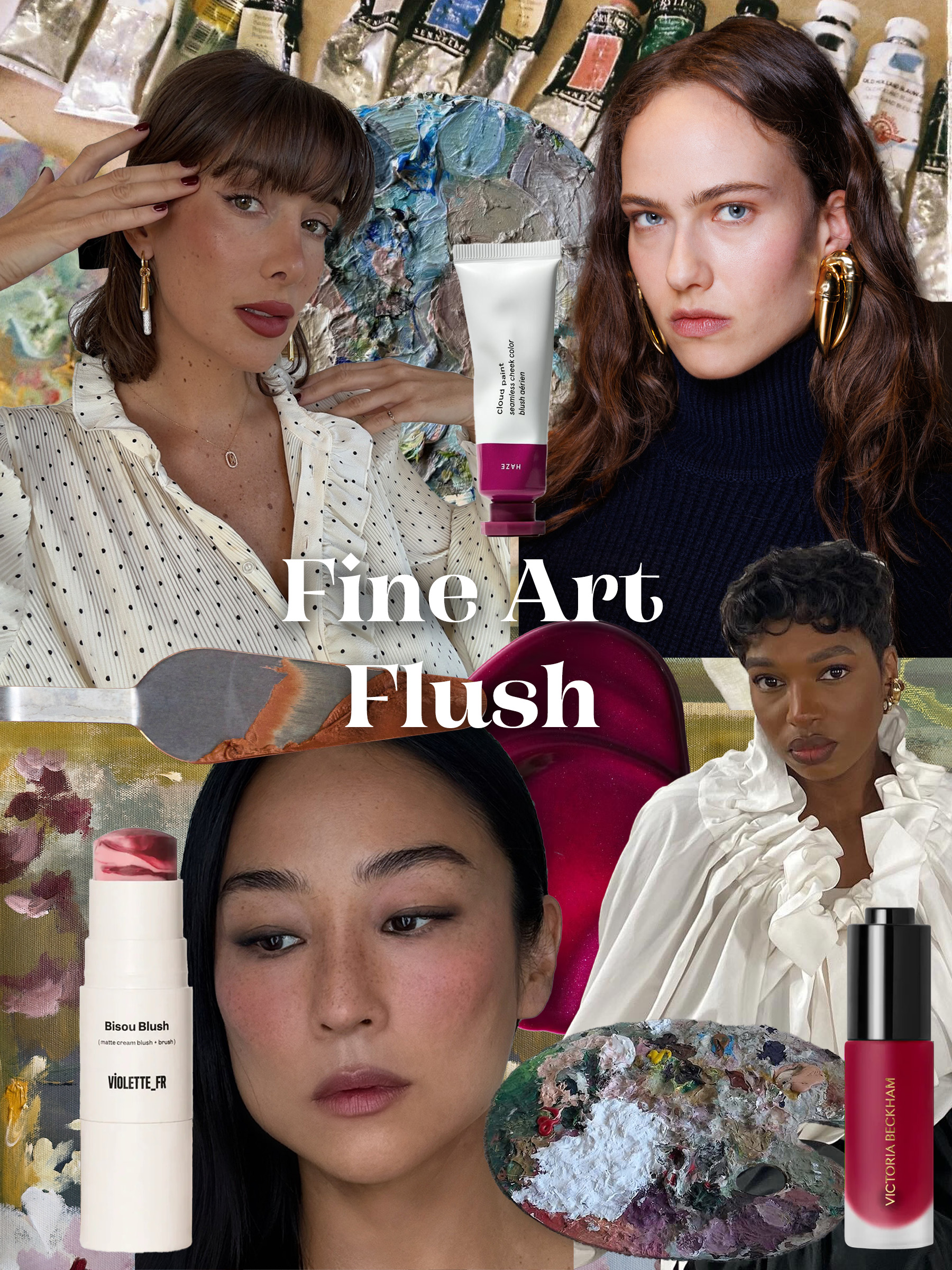 A makeup mood board featuring women wearing blusher and painterly background imagery and blusher products
