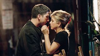 Ross Geller (David Schwimmer) and Rachel Green (Jennifer Aniston) kiss for the first time