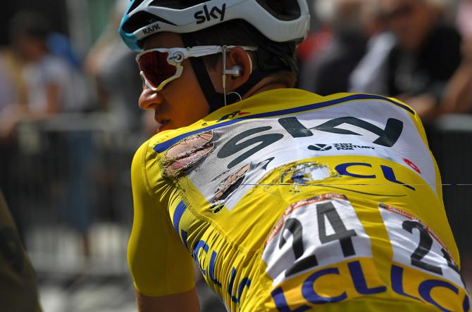 Michal Kwiatkowski (Team Sky) crashed while wearing the leader's jersey at the end of stage 2 of the Critérium du Dauphiné