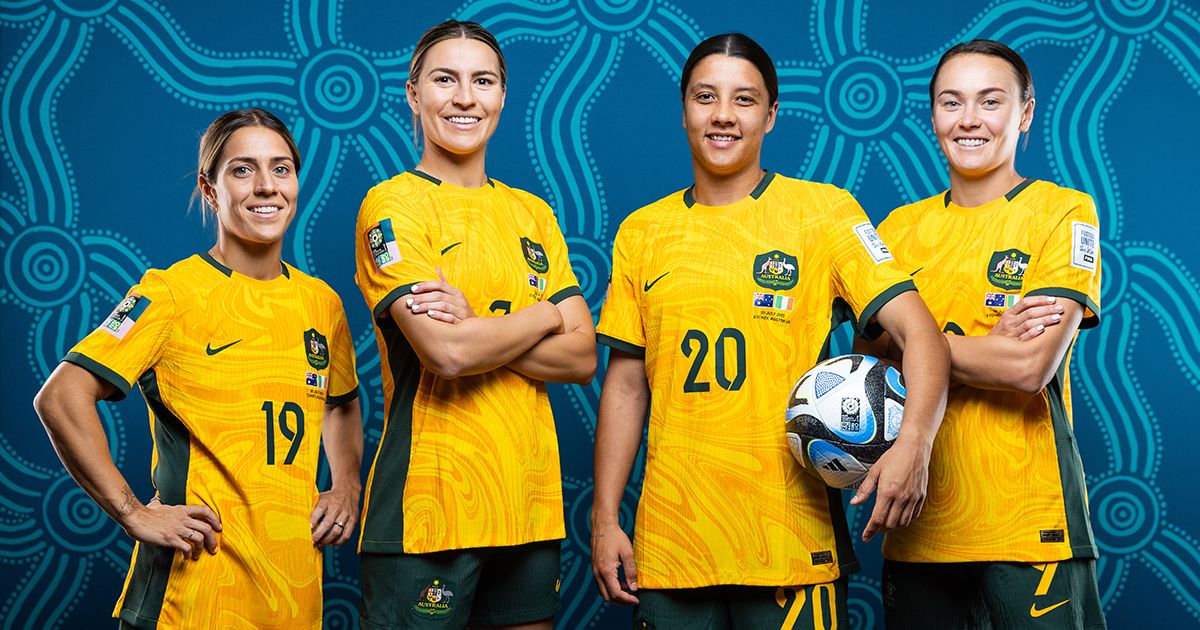 Australia Women&#039;s World Cup 2023 squad: (L-R) Katrina Gorry, Steph Catley, Sam Kerr and Caitlin Foord of Australia pose for a portrait during the official FIFA Women&#039;s World Cup Australia &amp; New Zealand 2023 portrait session on July 17, 2023 in Brisbane, Australia.