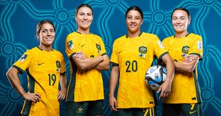 Australia Women's World Cup 2023 squad: (L-R) Katrina Gorry, Steph Catley, Sam Kerr and Caitlin Foord of Australia pose for a portrait during the official FIFA Women's World Cup Australia & New Zealand 2023 portrait session on July 17, 2023 in Brisbane, Australia.