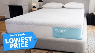 Image shows the Casper Snow Max Hybrid Mattress on a light wooden bedframe with a blue lowest price sales badge overlaid on the image in the bottom left corner
