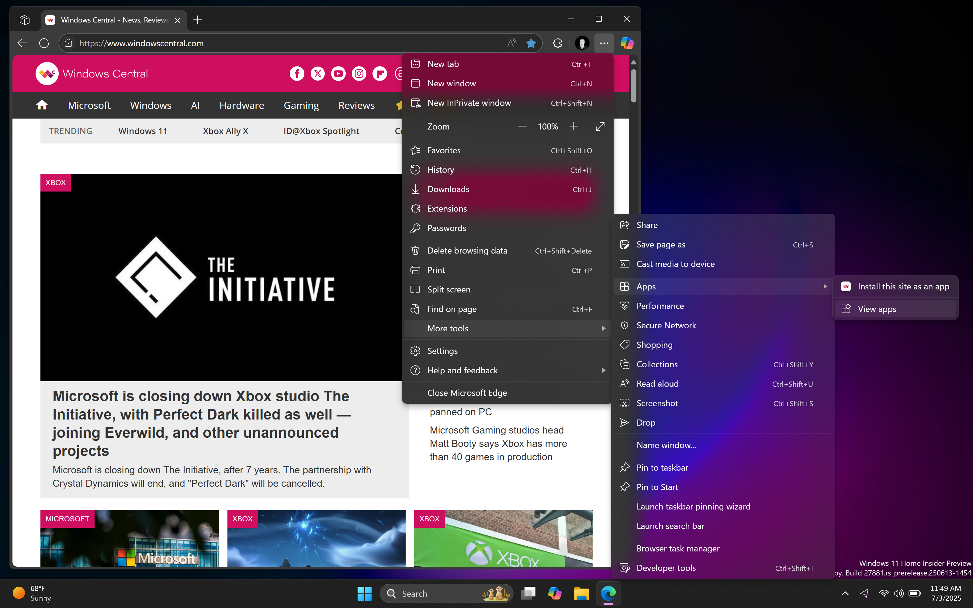 Microsoft Edge menus with blur