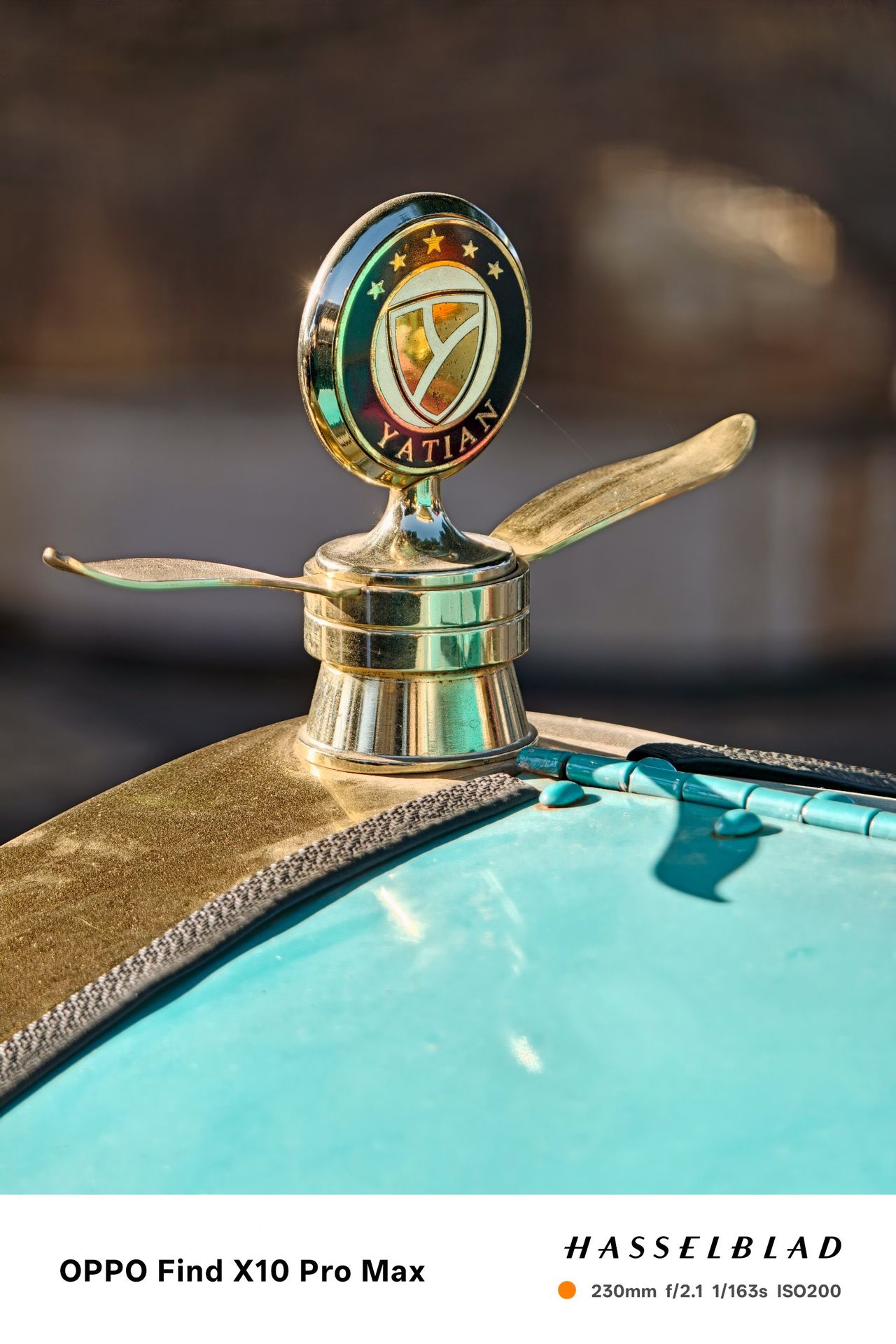 Close-up of a polished gold Yatian emblem mounted on a turquoise vehicle.
