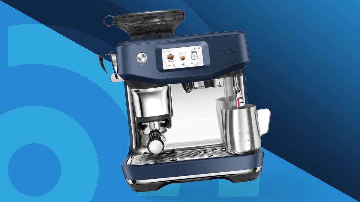 Breville The Barista Touch Impress coffee maker on blue background