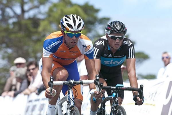 Michael Matthews riding for the Urban team lead Simon Gerrans (Team Sky) during their winning break on stage two in Portarlington.