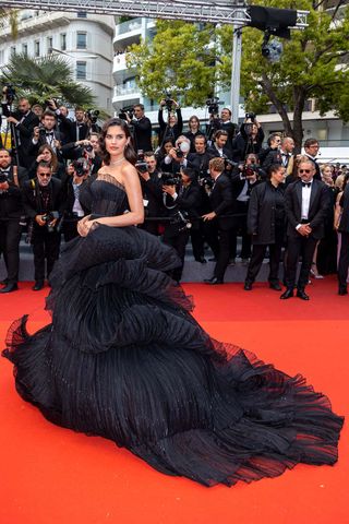 Sara Sampaio attends the "Killers Of The Flower Moon" red carpet during the 76th annual Cannes film festival at Palais des Festivals on May 20, 2023 in Cannes, France.
