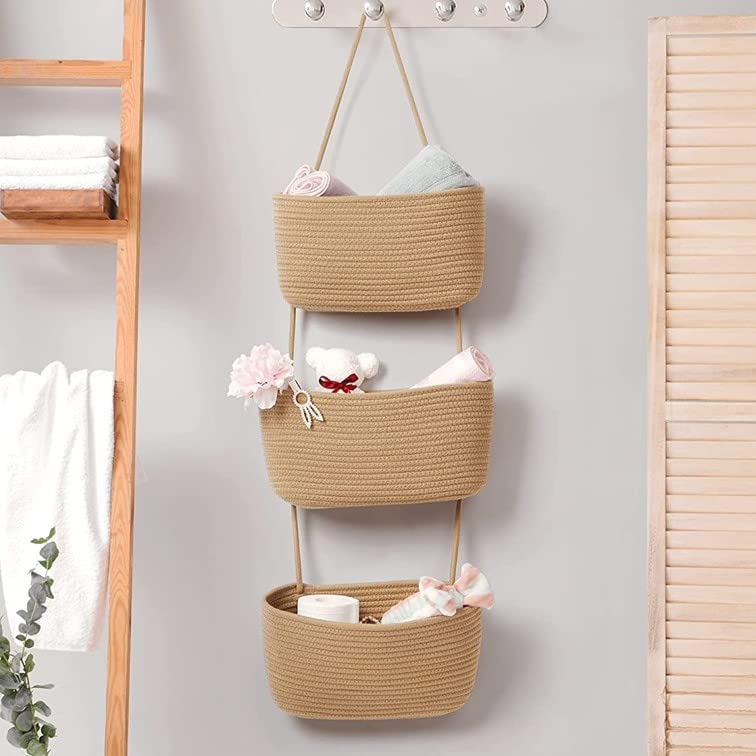 Aarainbow Wall Hanging Cotton Baskets - Large 3 Tier Decorative Baskets for Wall, Nursery, Bathroom (b-Brown)