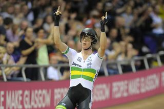 Cameron Meyer of Australia celebrates winning the Men's Points Race on day two of the UCI Track Cycling World Cup