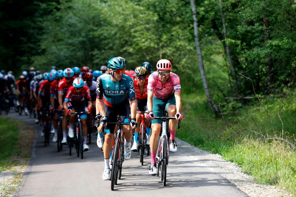 SANOK POLAND AUGUST 02 A general view of Lukasz Wisniowski of Poland and Team EF Education Easypost and Shane Archbold of New Zealand and Team Bora Hansgrohe lead the peloton during the 79th Tour de Pologne 2022 Stage 4 a 1794km stage from Lesko to Sanok TdP22 WorldTour on August 02 2022 in Sanok Poland Photo by Bas CzerwinskiGetty Images