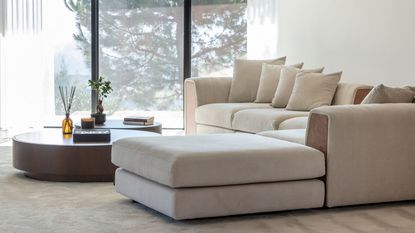A white L shaped sofa in a living room with floor to ceiling glass windows