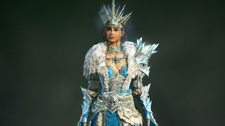 Diablo 4 sorceress wearing a ice-themed skin on a dark background