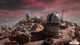 The observatory in Warzone 2's Al Mazrah map. It sits under a red sky.