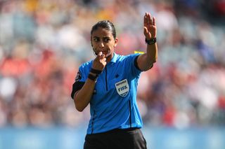 Referee Christina Unkel during the 2018 Tournament Of Nations women match between Australia and Brazil at Children's Mercy Park on July 26, 2018 in Kansas City, Kansas. (Photo by Robbie Jay Barratt - AMA/Getty Images)