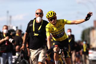 BELLEVILLEENBEAUJOLAIS FRANCE JULY 13 Jonas Vingegaard of Denmark and Team JumboVisma Yellow leader jersey reacts after the stage twelve of the 110th Tour de France 2023 a 1688km stage from Roanne to Belleville en Beaujolais UCIWT on July 13 2023 in Belleville en Beaujolais France Photo by Michael SteeleGetty Images