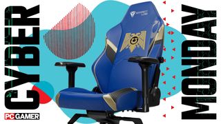 PC Gamer's Cyber Monday image template with a Secretlabs Warhammer 40K Ultramarine gaming chair at the centre.