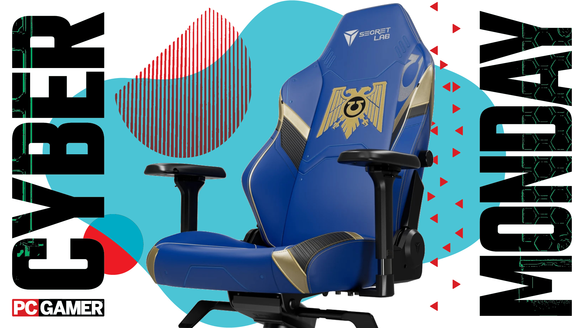 PC Gamer&#039;s Cyber Monday image template with a Secretlabs Warhammer 40K Ultramarine gaming chair at the centre.