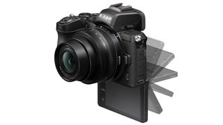 The Nikon Z 50 has a an electronic viewfinder and a 3.2-inch tilting touchscreen display which, unusually, flips through 180 degrees downwards to face forward for selfies and vlogging.