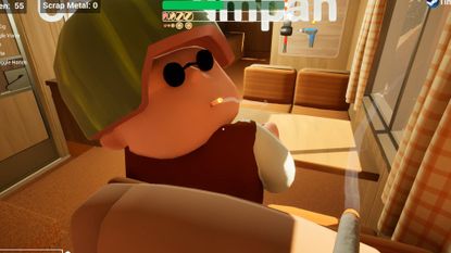 A cartoonish man smokes and cigarette and looks back at the camera while in an RV, in a screenshot from RV There Yet?