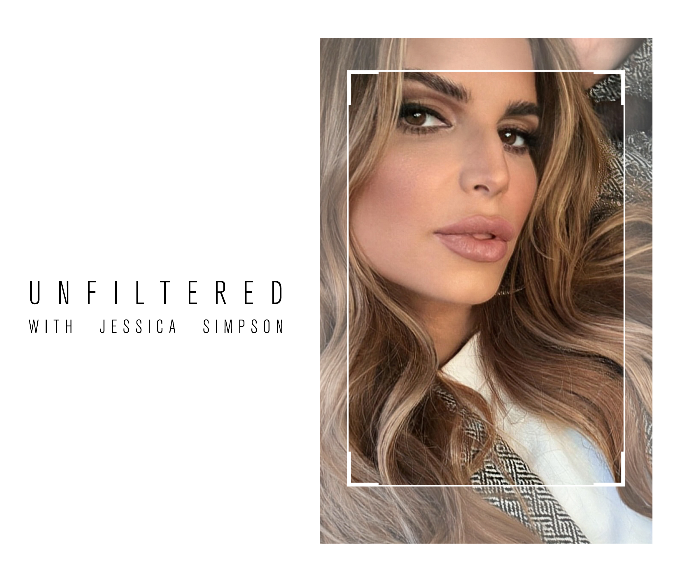 Jessica Simpson taking a selfie wearing a white T-shirt and black and white jacket.