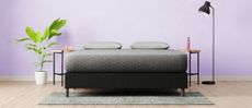 Zoma Memory Foam Mattress review image shows the Zoma Memory Foam Mattress on a black box spring in a purple bedroom