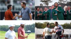 (upper left) McIlroy and Scheffler shake hands at the PGA Championship, (top right) McIlroy reacts after Scheffler slips the Green Jacket onto him, (bottom left) McIlroy and Scheffler chat during the Tour Championship, (bottom right) McIlroy and Scheffler shake hands after their Ryder Cup singles match