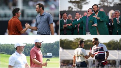 (upper left) McIlroy and Scheffler shake hands at the PGA Championship, (top right) McIlroy reacts after Scheffler slips the Green Jacket onto him, (bottom left) McIlroy and Scheffler chat during the Tour Championship, (bottom right) McIlroy and Scheffler shake hands after their Ryder Cup singles match