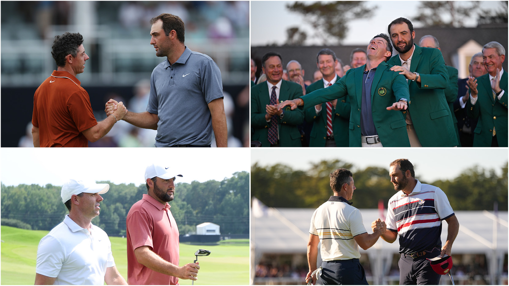 (upper left) McIlroy and Scheffler shake hands at the PGA Championship, (top right) McIlroy reacts after Scheffler slips the Green Jacket onto him, (bottom left) McIlroy and Scheffler chat during the Tour Championship, (bottom right) McIlroy and Scheffler shake hands after their Ryder Cup singles match