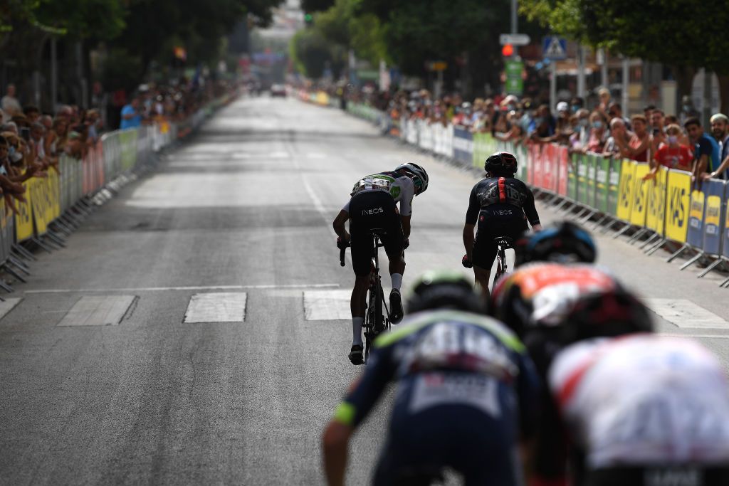 RINCON DE LA VICTORIA SPAIN AUGUST 24 LR Egan Arley Bernal Gomez of Colombia White Best Young Rider Jersey and Adam Yates of United Kingdom and Team INEOS Grenadiers sprint at last kilometre during the 76th Tour of Spain 2021 Stage 10 a 189km stage from Roquetas de Mar to Rincn de la Victoria lavuelta LaVuelta21 on August 24 2021 in Rincon De La Victoria Spain Photo by Tim de WaeleGetty Images