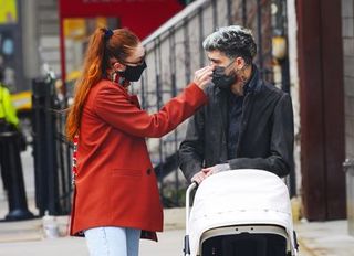 new york, new york march 25 gigi hadid and zayn malik take baby khai on a walk to lunch at the smile on march 25, 2021 in new york city photo by gothamgc images
