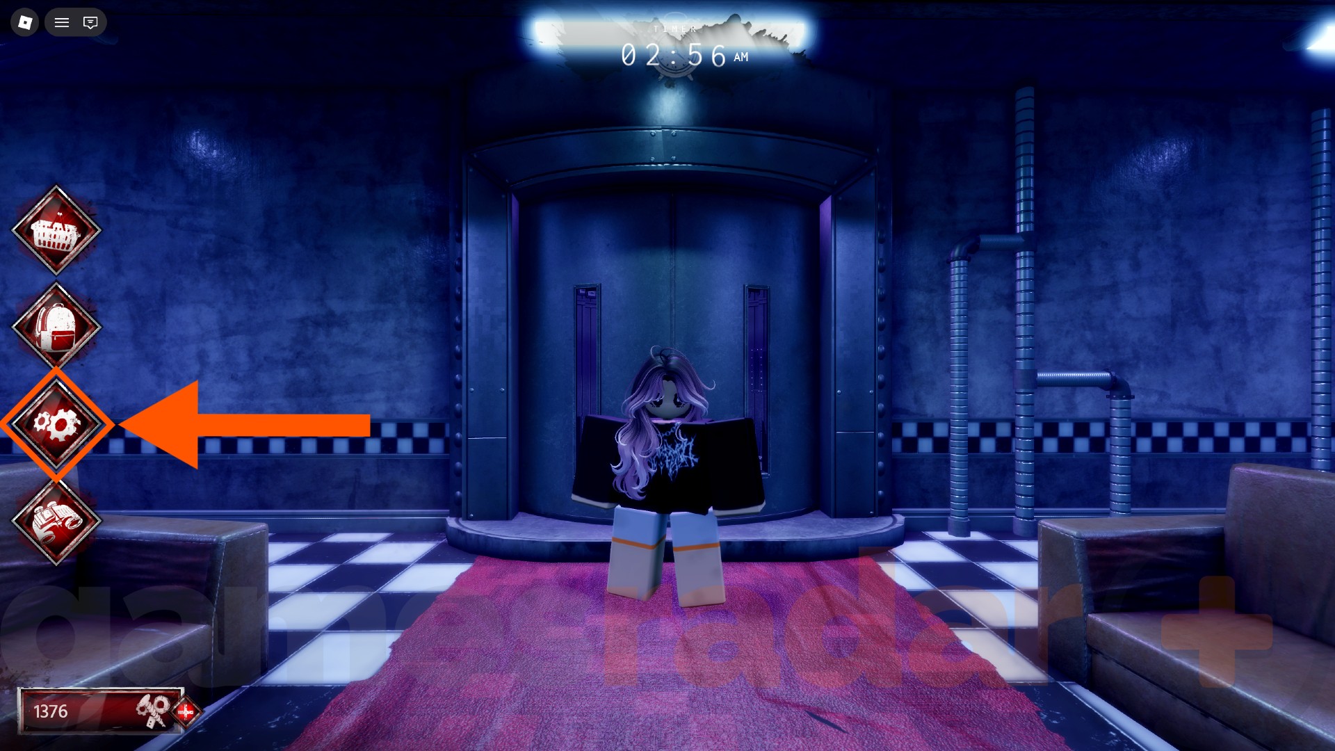 A player stands in front of an elevator, and an arrow points to the settings menu, where you can redeem Bite by Night codes.