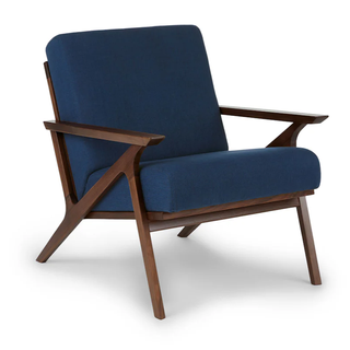 blue accent chair with dark wooden fram