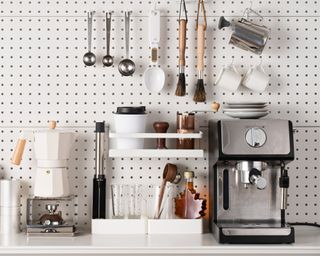 White pegboard in kitchen