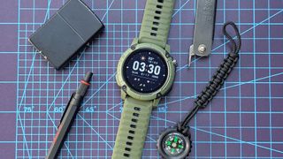 Close-up of the Coros Nomad rugged smartwatch in dark green
