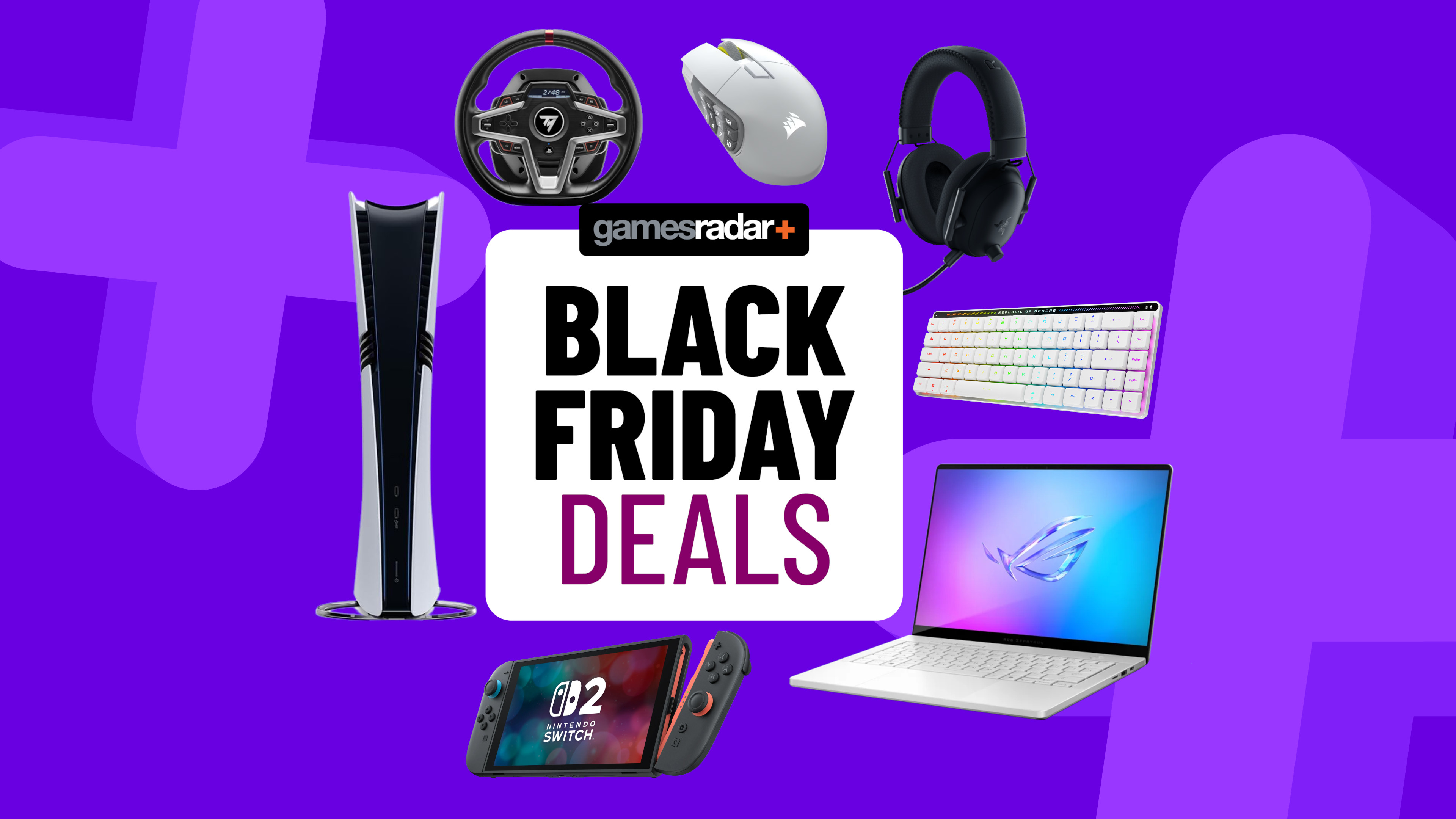 Gaming consoles and accessories on a purple background with Black Friday deals badge