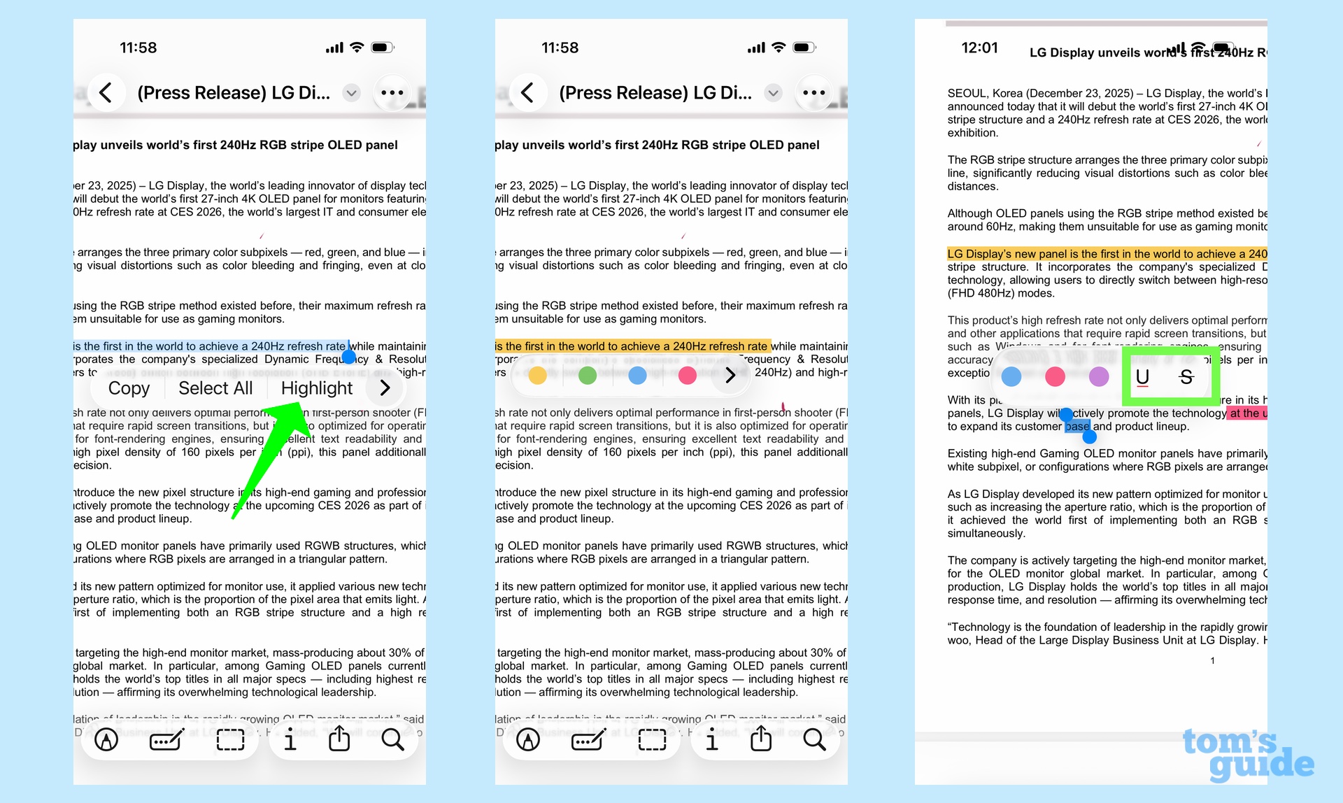highlighting, underlining and striking through text with the iPhone's preview app