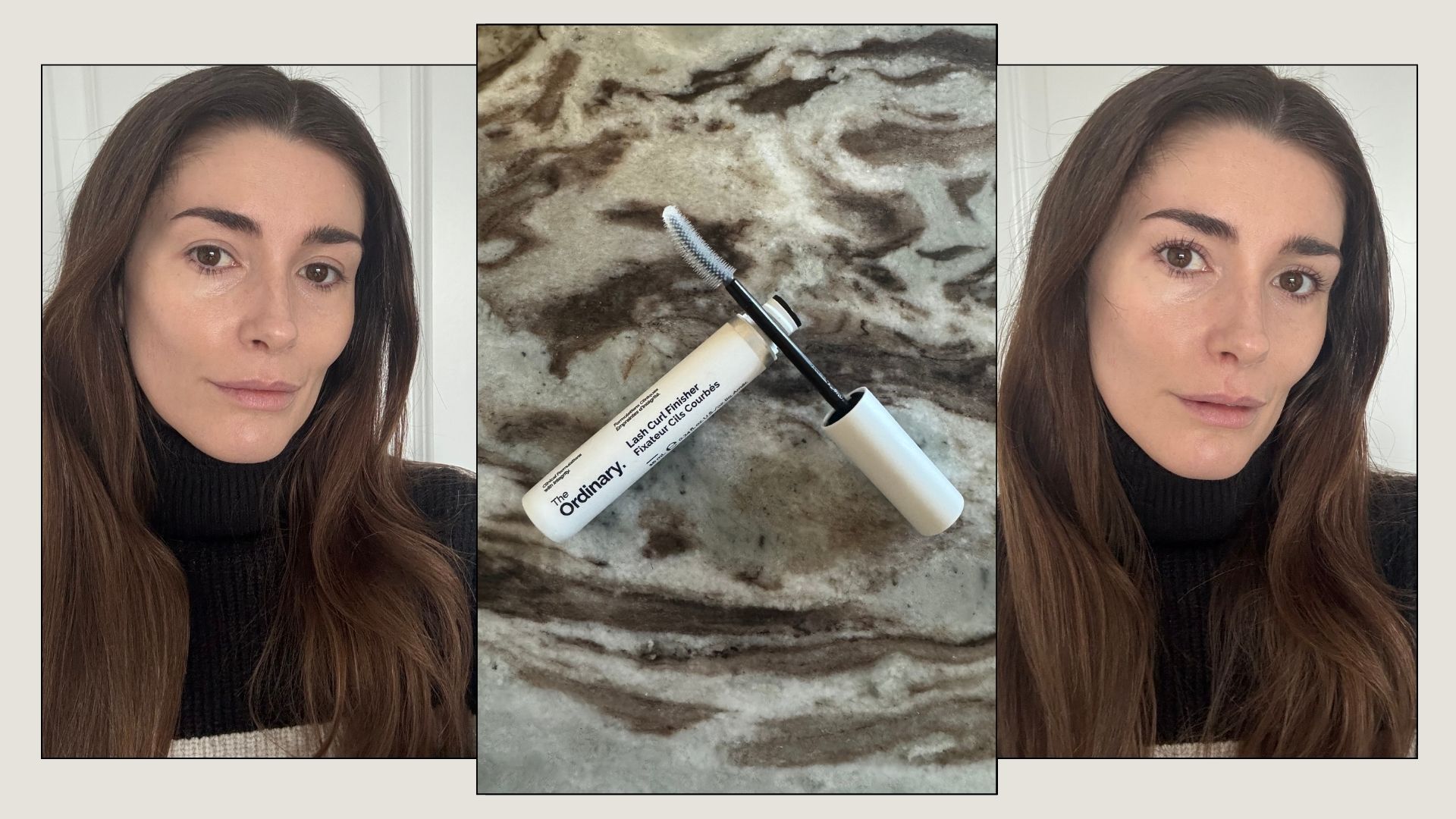 Collage imagery with before and after photos of Eleanor testing the ordinary lash curl finisher, and a photo of the product on a table