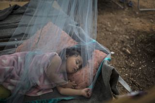 Anna Rahmoni, a 21-month-old Afghan refugee sleeps under a mosquito net outside her family's tent to escape the heat trapped inside the tent in a refugee camp north of the Greek capital