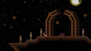 Starbound screenshot showing a pixel art outer space setting and a ruinous gate upon a floating platform