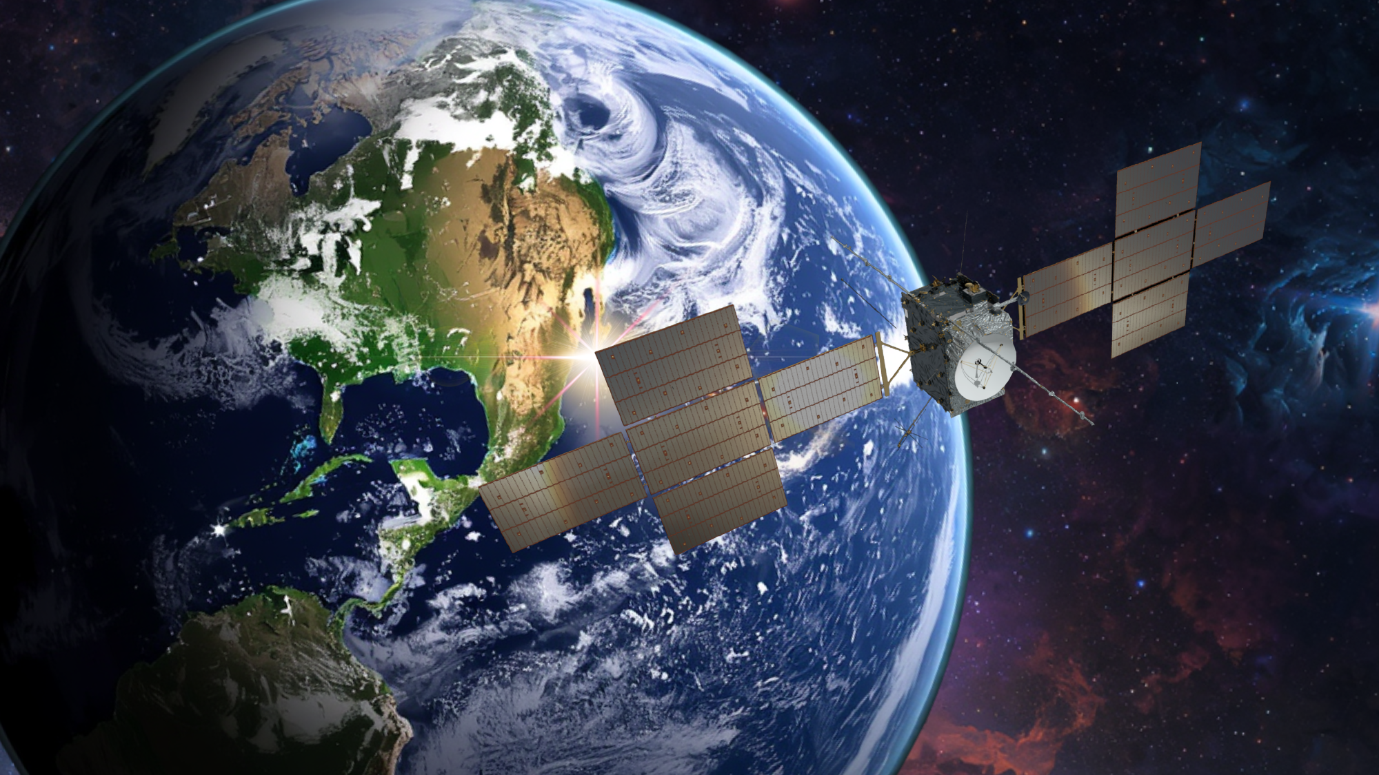 An illustration of the JUICE spacecraft making a flyby of Earth