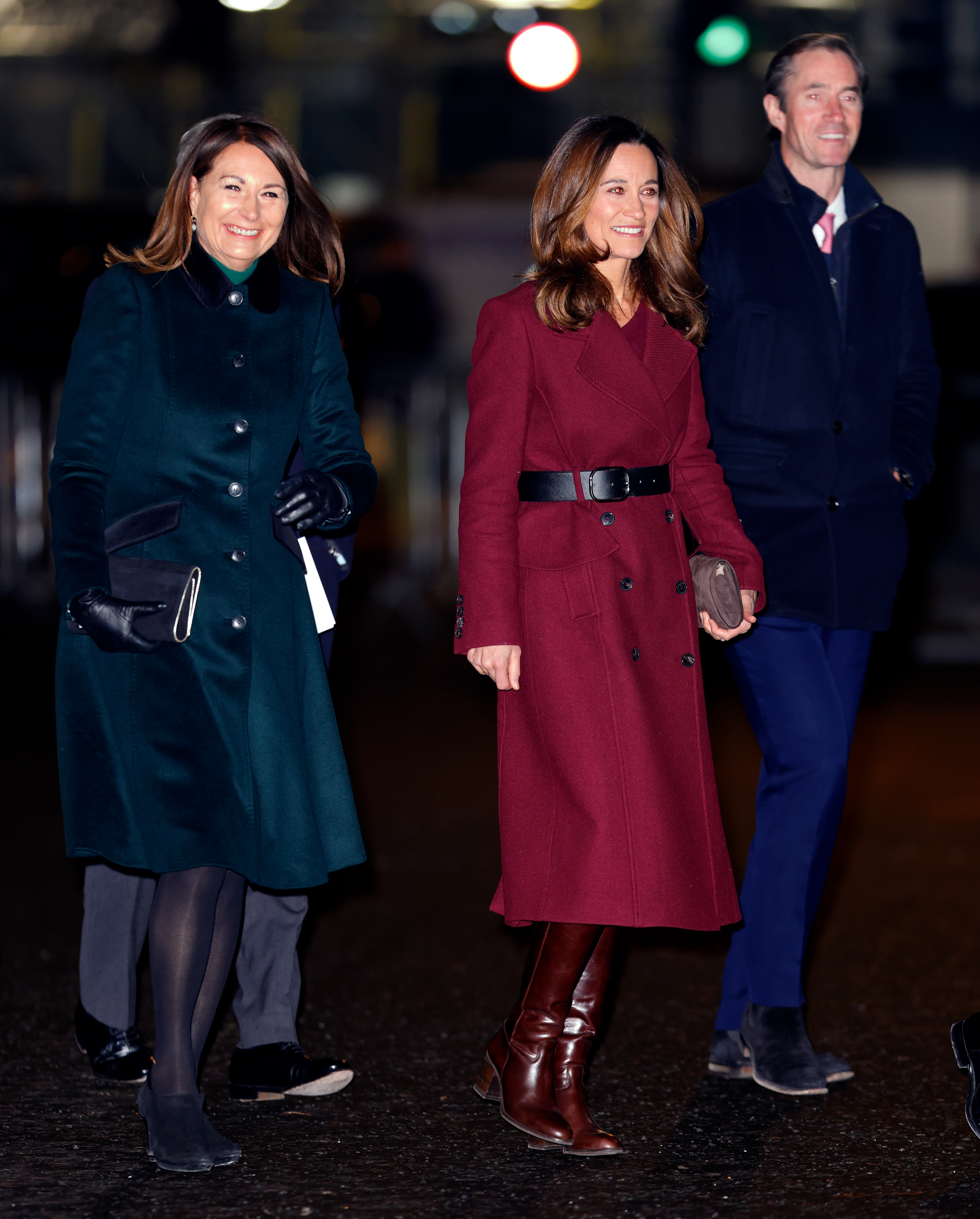 Pippa Middleton, James Matthews and Carole Middleton walking in winter coats