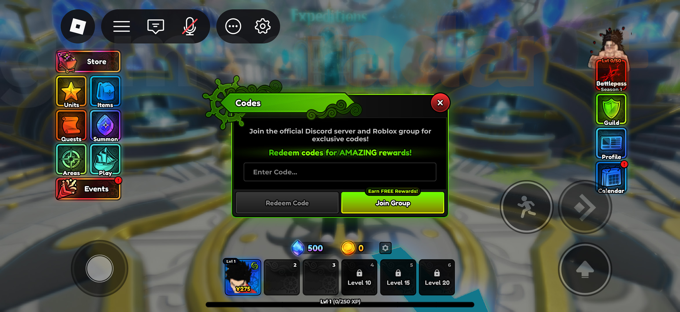 The menu to redeem Anime Expeditions codes shown in-game
