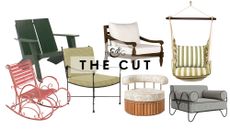 Stylish porch chairs, featuring styles ranging from antique red rockers and Adirondack to swivels, pictured against a white background