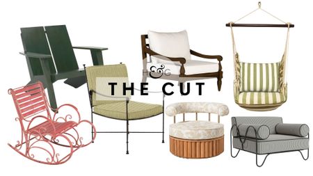 Stylish porch chairs, featuring styles ranging from antique red rockers and Adirondack to swivels, pictured against a white background