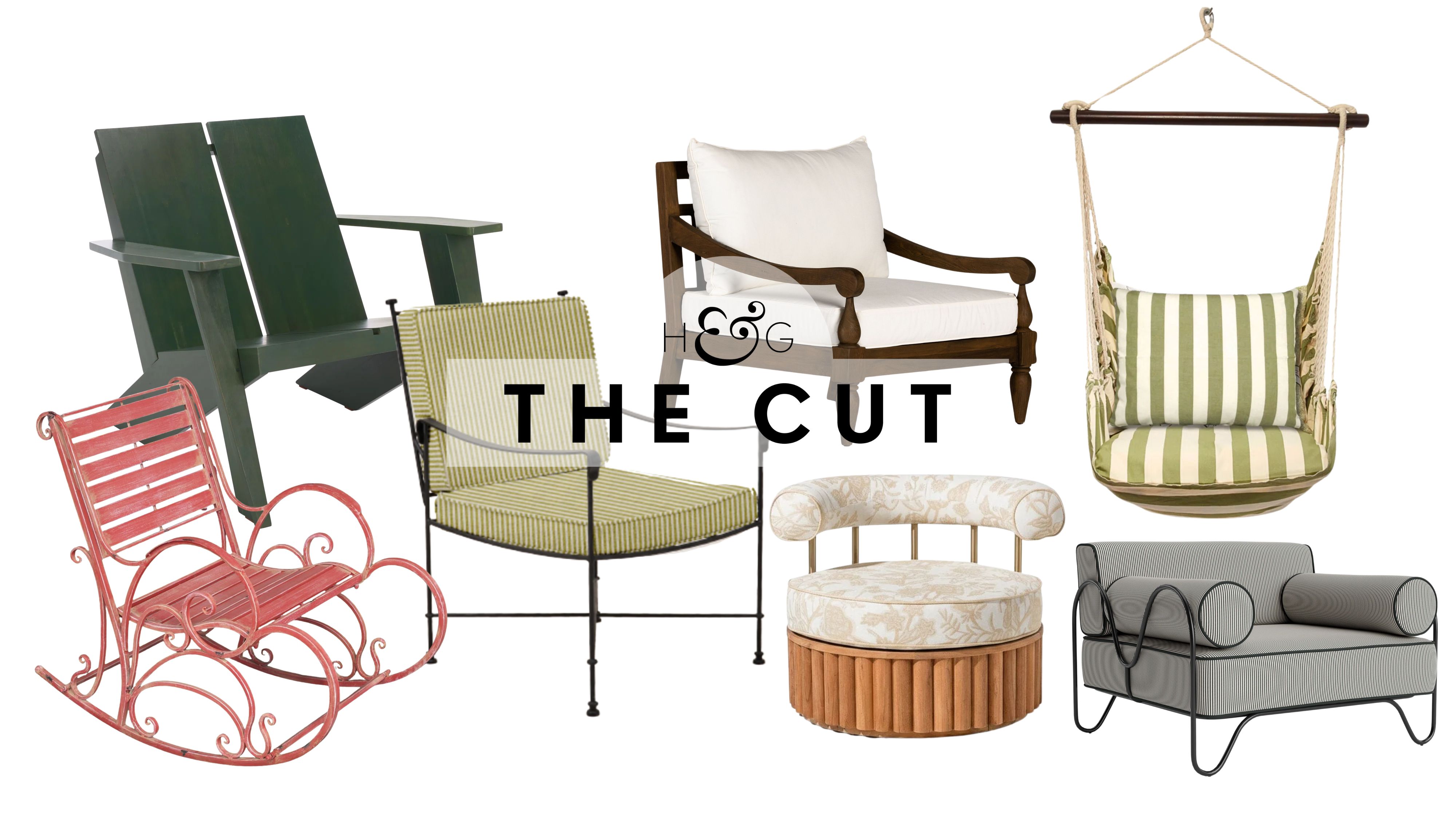 Stylish porch chairs, featuring styles ranging from antique red rockers and Adirondack to swivels, pictured against a white background